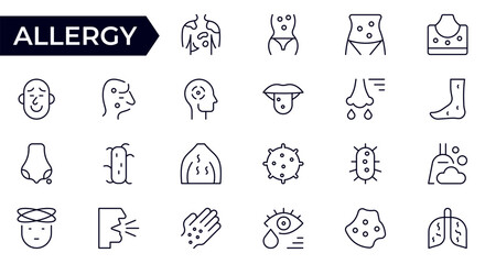 Fototapeta premium Allergy and Disease Line Icon Set for Medical Symptoms, Health Care, Infection, Virus, Treatment, Diagnosis and Healthcare Awareness Outline Vector Collection
