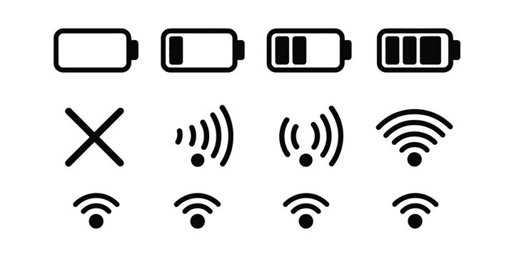 Smartphone status bar icon vector illustration set featuring battery, WiFi, and 5G signal symbols for mobile interface and UI design