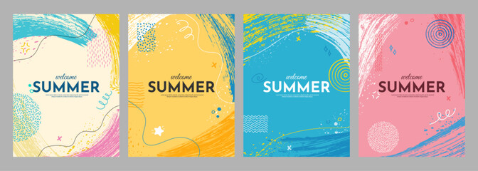 Obraz premium Vector illustration. Bright background. Paint brush strokes and hand drawn doodle elements. Trendy abstract color design for book cover, brochure, magazine, poster, flyer. Colorful childish style