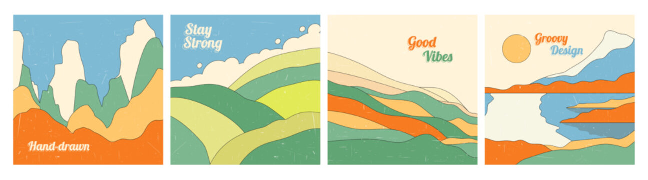 Vector illustration. Retro groovy nature landscapes. Abstract mountain scenes with wavy lines, vintage colors, and a distressed texture. Design for social media, web banners, and creative branding.