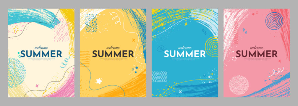 Vector illustration. Bright background. Paint brush strokes and hand drawn doodle elements. Trendy abstract color design for book cover, brochure, magazine, poster, flyer. Colorful childish style