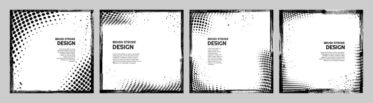 Vector illustration. Grunge borders set. Ink brush strokes mess with halftone dot frame. Design for social media template, web banner. Halftone overlay. 70s, 80s retro vintage background collection