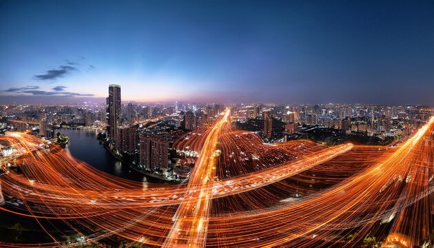 a panoramic city view illuminated by flowing orange light trails symbolizing connectivity infrastructure evolution and digital transformation at scale