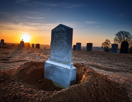 a solitary headstone stands atop a freshly dug grave in a serene cemetery at dusk stillness solitude stillness solitude