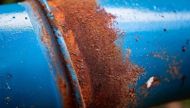 close up of a rusty blue metal pipe with orange dirt particles showing industrial decay and weathered texture with soft