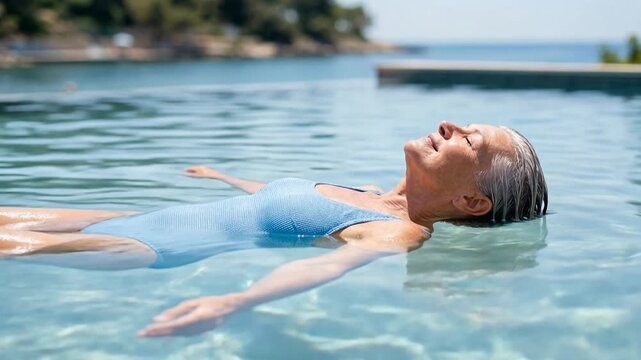 Serene senior woman floating on her back in a luxury swimming pool with eyes closed and a peaceful smile