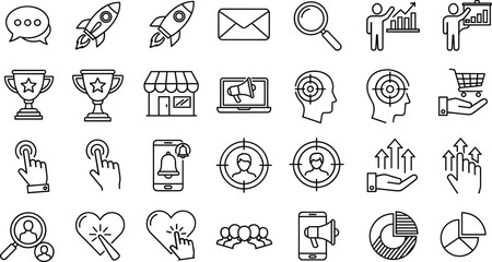 Fototapeta premium Business Growth and Marketing Line Icon Set with Startup, Analytics, Targeting, Communication, Sales Funnel and Customer Engagement Vector Illustration Collection