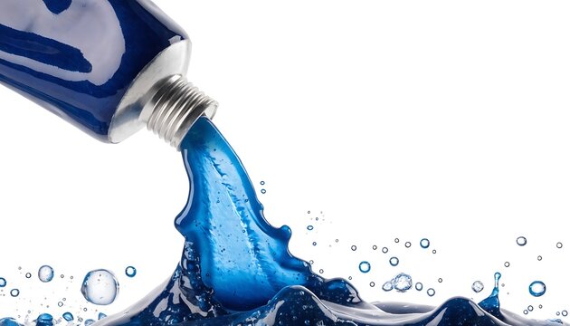 Blue toothpaste from a squeezed tube dental hygiene product with shadow cut out isolated on white background. AI generated.
