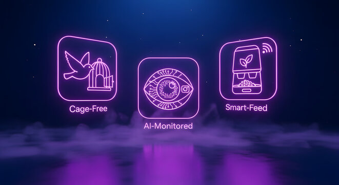 Smart farming technology with AI-monitored cage-free system and automated feeding solutions