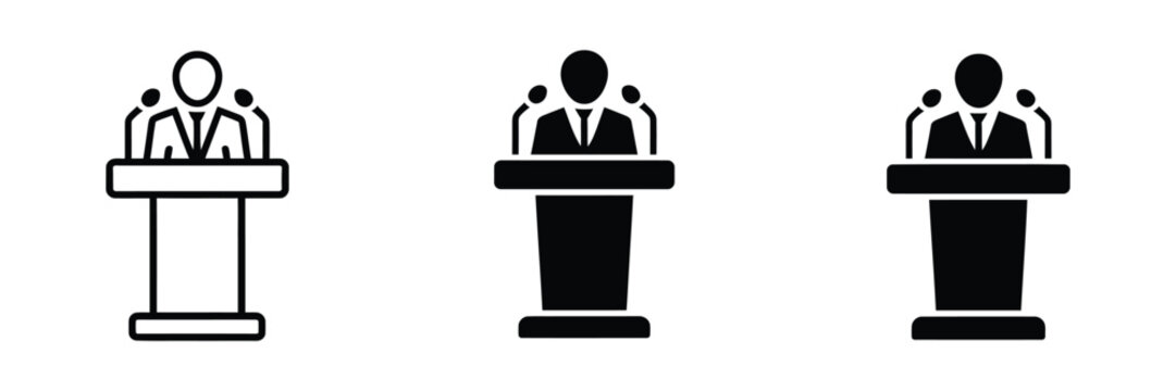 Speaker icon vector, person at podium for presentation, public speaking, and conference communication symbol design