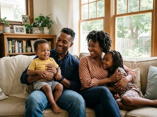 Obraz premium Happy African American family laughing together on cozy living room sofa