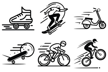 Naklejka premium Extreme sports and urban mobility icons including skateboarding cycling scooter and roller skating symbols in modern black line style.