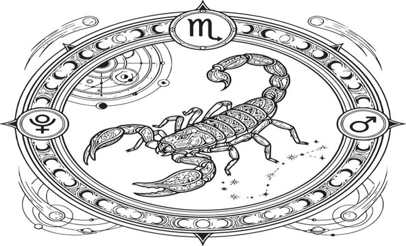 Intricate Scorpio Zodiac Circle Engraving Art