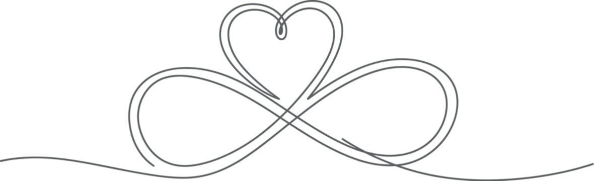 A simple black and white line drawing showcases an intertwined infinity symbol and a heart shape symbolizing eternal love and infinite connection.