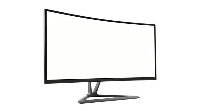 Empty modern black flat screen monitor on stand isolated white background minimalist office tech setup
