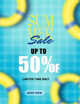 Summer Sale Banner Template with Up to 50% Discount, Bright Modern Promotional Design with Floating Background