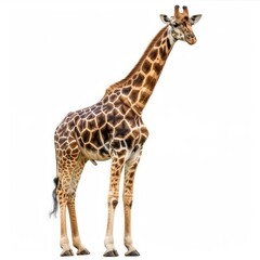 Obraz premium Majestic giraffe standing against a white background, showcasing its impressive height and unique pattern