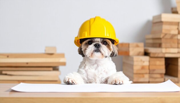 Dog Wearing Construction Hard Hat with Wooden Planks Background