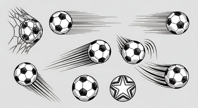 Collection of hand-drawn soccer balls in motion, depicted with dynamic trails and sketches, illustrating speed and impact with a retro, artistic feel, soccer ball