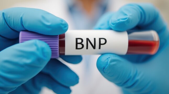 Doctor holding BNP blood test tube explaining assessment of heart failure severity, cardiac stress and diagnosis of cardiovascular disease in clinical laboratory diagnostics
