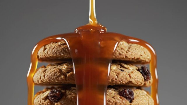 Delicious golden caramel sauce pouring over a stack of three oatmeal raisin cookies against a neutral backdrop