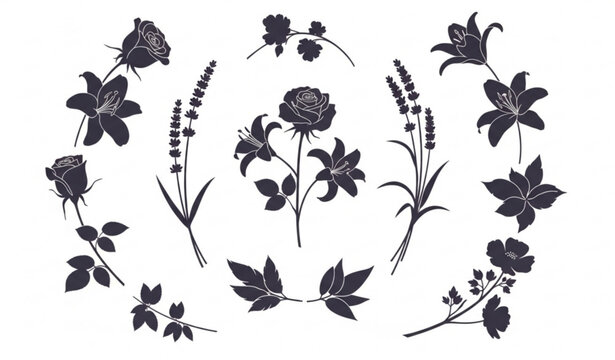 Decorative spring flower icon collection with botanical silhouette elements vector set