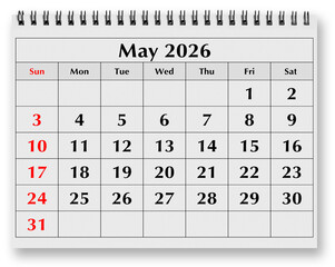 Page of annual monthly calendar - month may 2026