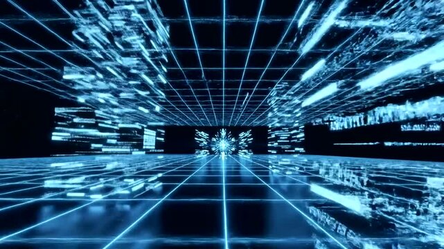 Futuristic digital tunnel with blue grid lines and abstract data visualization.