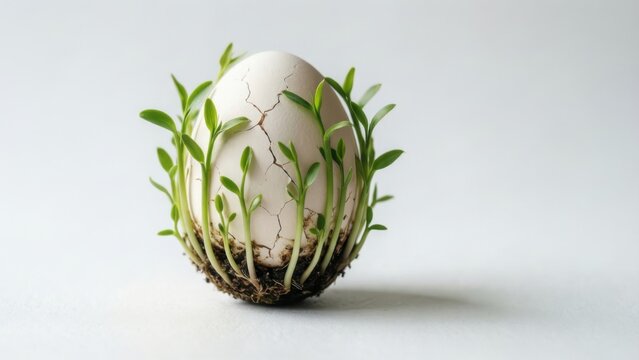 Easter egg with green sprouts concept metaphor on white background for spring renewal 
