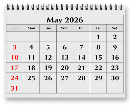 Page of annual monthly calendar - month may 2026