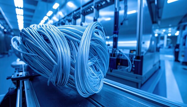 A collection of hyper cooled superconducting wires neatly coiled within a precision industrial setting, illustrating the advanced technology used in modern high performance electrical systems.