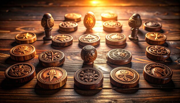 Ornate wooden tokens with intricate carved symbols representing ancient factions arranged on a rustic wooden table under a warm glowing light for a fantasy tabletop gaming session.