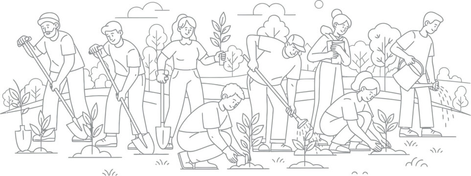 Diverse group of people actively participating in a community tree planting event, demonstrating environmental stewardship and teamwork for a greener planet.