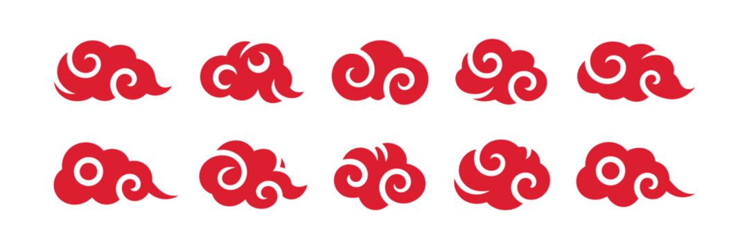 Traditional red Chinese cloud motif vector set featuring stylized oriental swirling clouds, auspicious crimson sky symbols, and zen cloud silhouettes