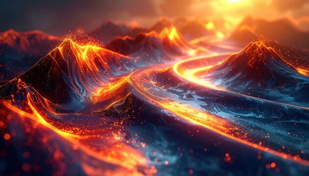 Quantum annealing process depicted as a sculpted energy landscape with flowing light curves across a mountainous terrain that illustrates complex mathematical computational solutions.