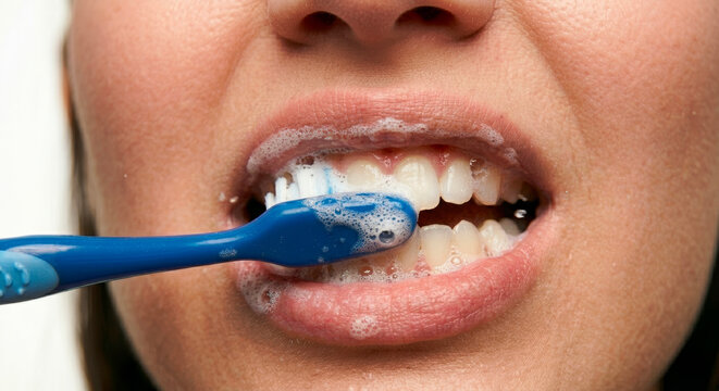Woman brushing teeth with toothbrush and toothpaste, close up detail. Dental hygiene and caries prevention.