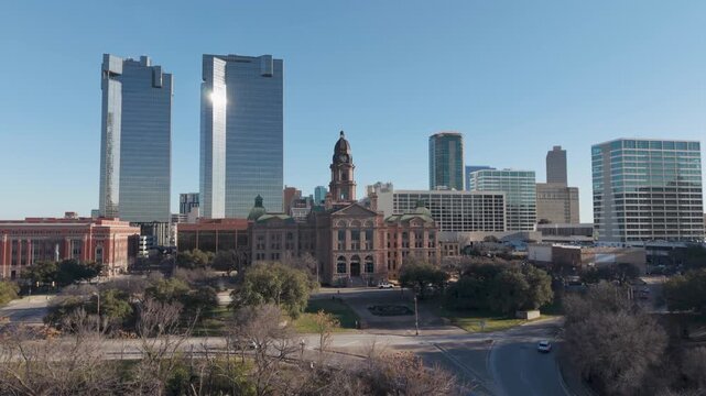 Fort Worth, Texas &ndash; February 18, 2026: Tarrant County Courthouse with downtown Fort Worth buildings in the background.