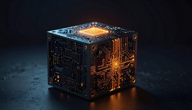 A high tech cubic quantum logic gate module featuring intricate glowing circuit pathways, representing a futuristic breakthrough in high performance computing and digital processing hardware.