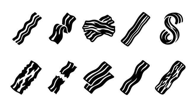 Bacon strip vector icons set, black and white fried pork meat silhouettes, 10 breakfast food elements for restaurant menu design and kitchen branding