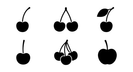 Minimalist cherry icon set, black silhouette fruit vector illustrations, collection of 6 organic berry symbols for food packaging and menu design © Jannatul