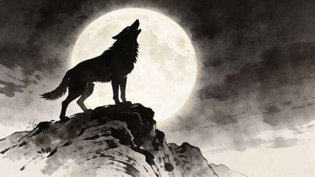 Wolf howling at full moon silhouette on rocky cliff in dramatic ink wash watercolor wilderness concept