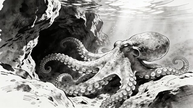 Octopus with extended tentacles in underwater black and white watercolor painting marine life adaptation concept