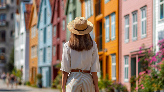 Woman in straw hat walking through colorful streets of Bergen, Norway, during sunny Nordic summer
