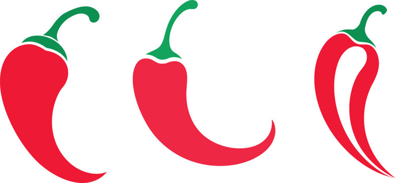 Red chili pepper vector illustration set with green stems for spicy food branding restaurant logos and kitchen designs.