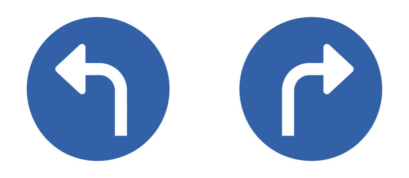 Turn right and left ahead mandatory road sign vector set, blue circular traffic symbols for navigation, regulation, and driving instruction design