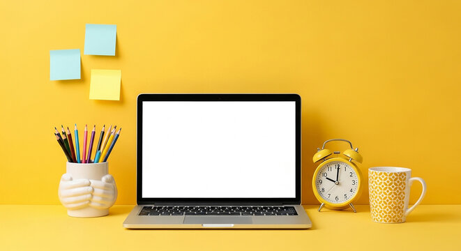 Glass jar mockup on a yellow desk with office supplies and laptop