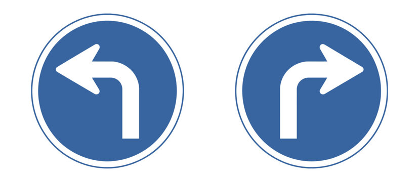 Turn right and left ahead mandatory road sign vector set, blue circular traffic symbols for navigation, regulation, and driving instruction design