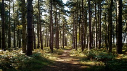 Fototapeta premium Pine trees in Wheldrake Wood, York, North Yorkshire.