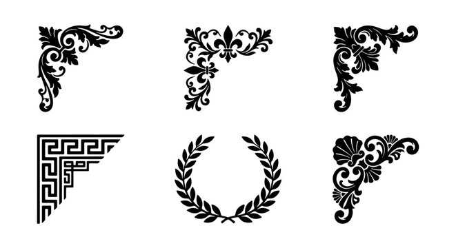Vintage ornamental corner set, 6 black floral and geometric border elements, classic baroque filigree and greek key vector frames for invitations