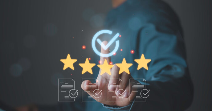 Feedback evaluation, service quality, performance rating, client experience and business reputation management. Customer satisfaction, quality rating, five star review and digital approval interface